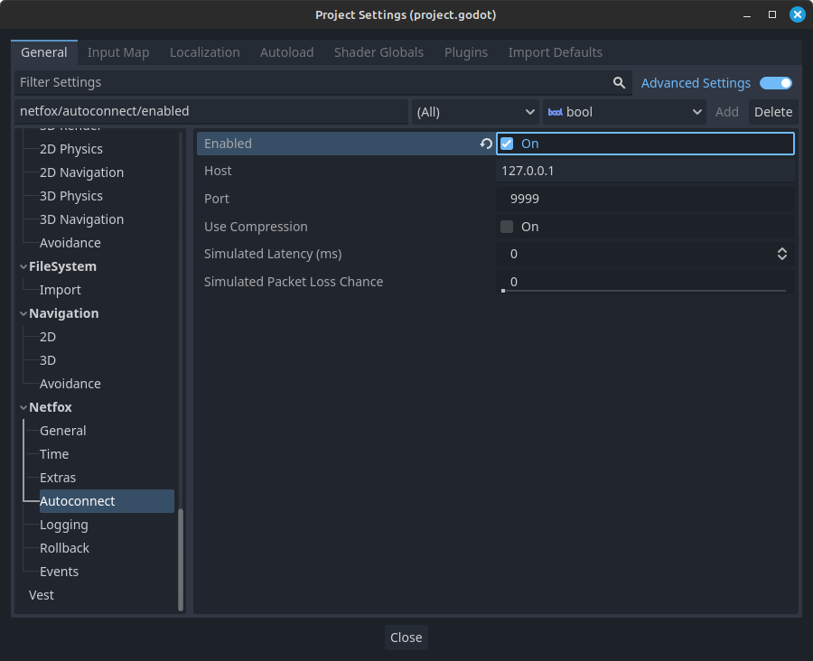 Autoconnect Project settings